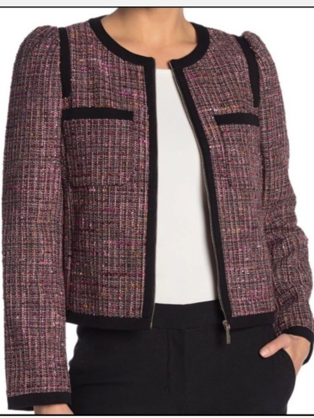 Kate Spade Puff Sleeve Zip Front Tweed Jacket Size 10